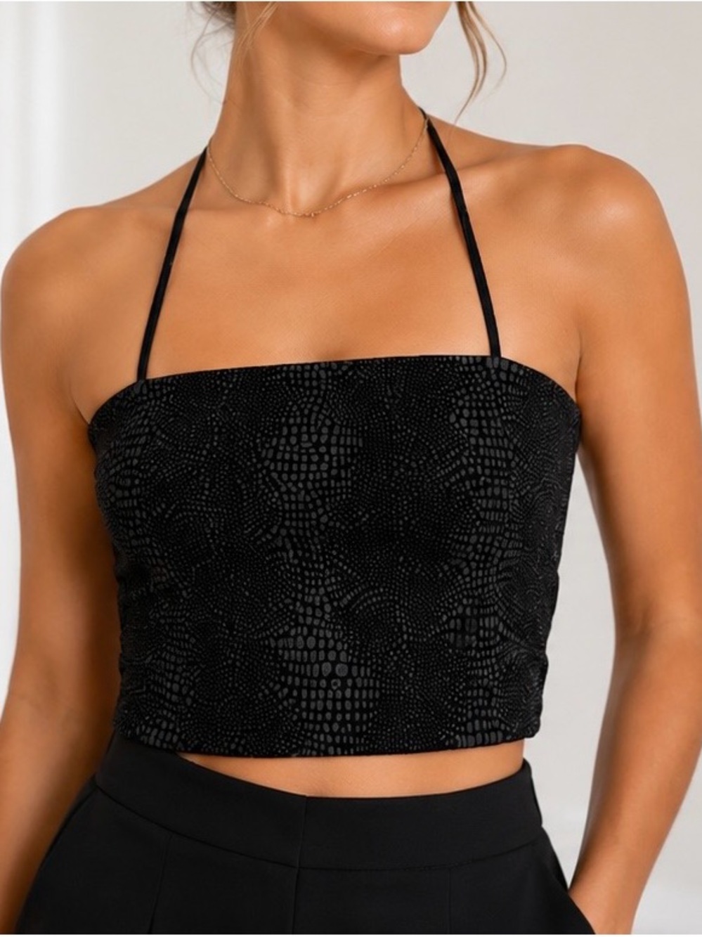 Ralph Lauren Black crocodile Textured Halter Crop Top